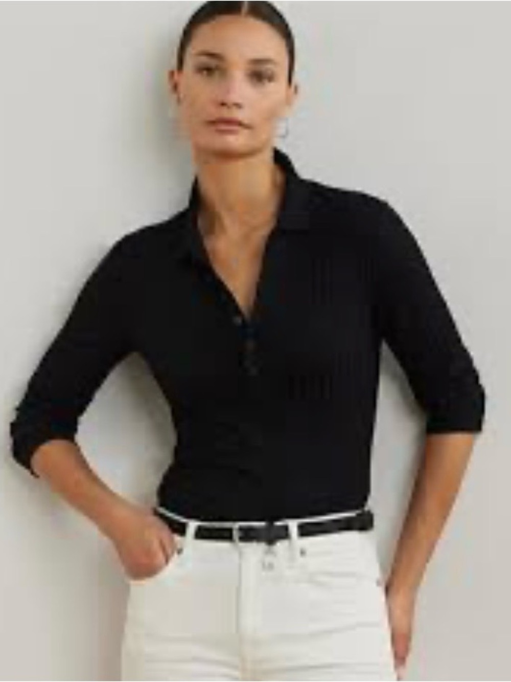 Lauren Ralph Lauren Black Ribbed Knit Top 3/4 Sleeve Polo Classic Preppy Luxury